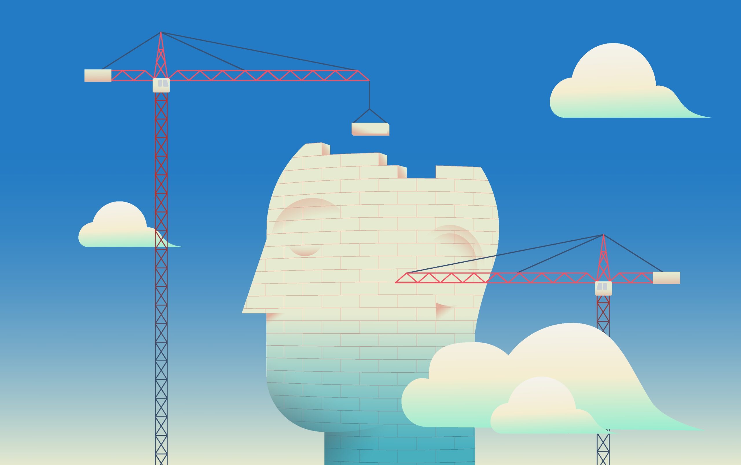 Illustration of a head being built with construction cranes and bricks